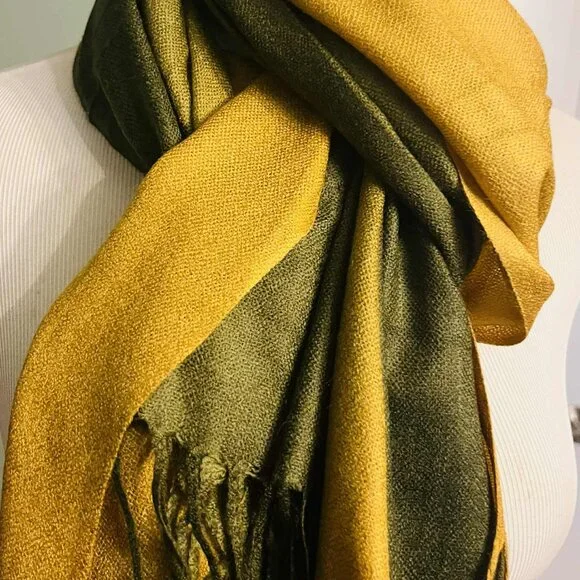 Silk & Pashmina Scarf – Golden Olive Elegance- NWT - Picture 13 of 14